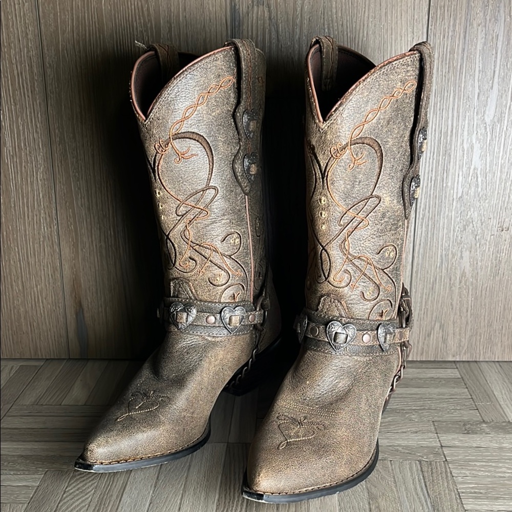 Durango Brown Western Heeled Boots with Heart Concho Harness